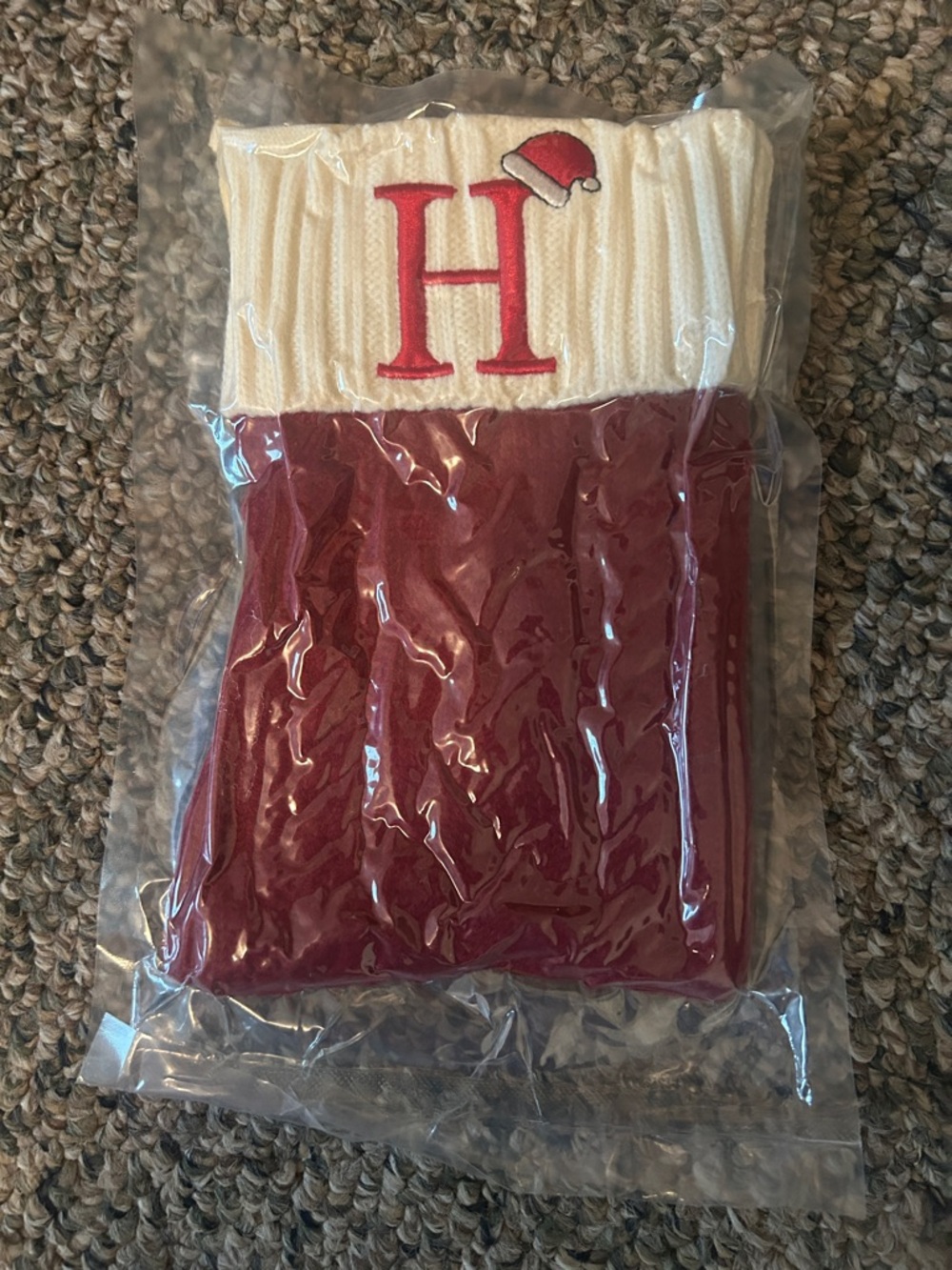 Red and Cream Knit Stocking with Embroidered 'H'